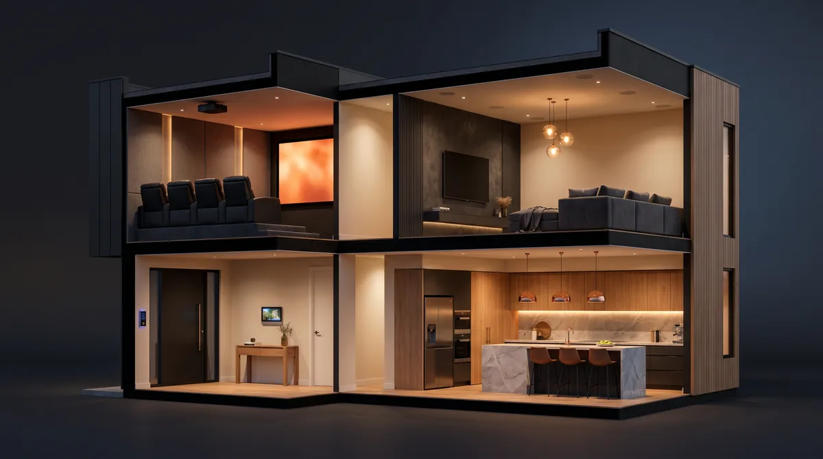 Architectural cross-section render of a modern Australian luxury smart home — cinema and living room upstairs, front entrance and kitchen downstairs, each room glowing warm with interior lighting